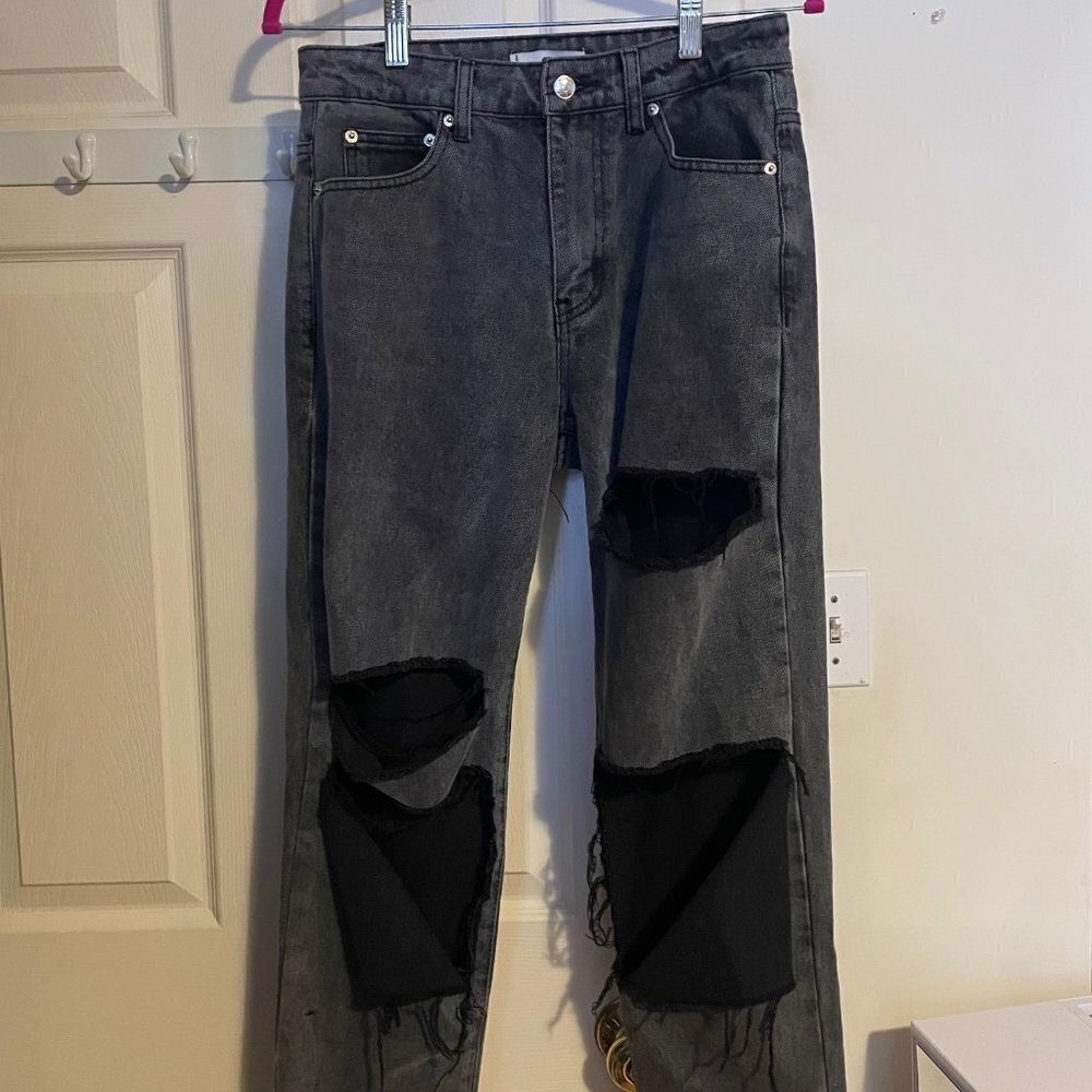 Adika High Rise Dark Grey Distressed Ripped Wide Leg Mom Jeans Size Medium 28